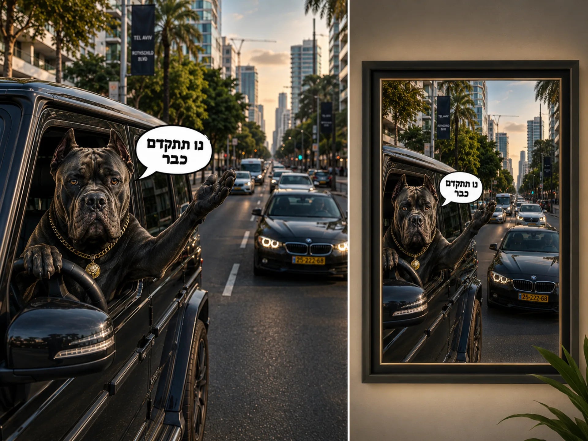 כלב נוהג ברכב בשדרות רוטשילד