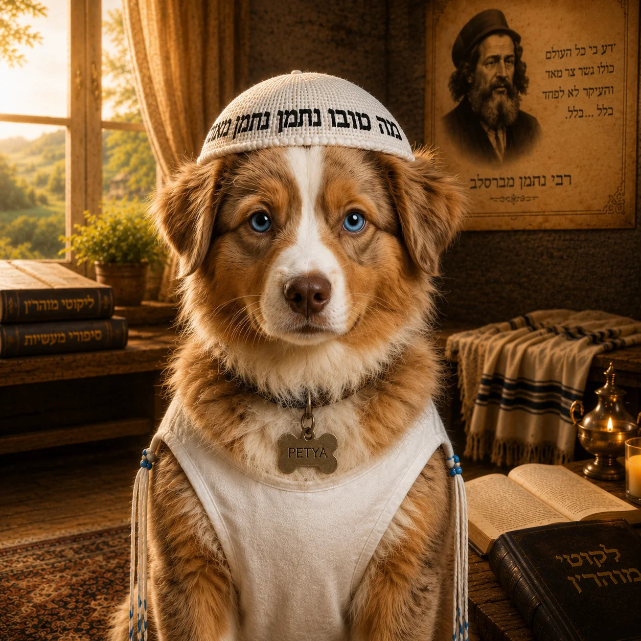 כלב בלבוש ברסלבי בחדר לימוד