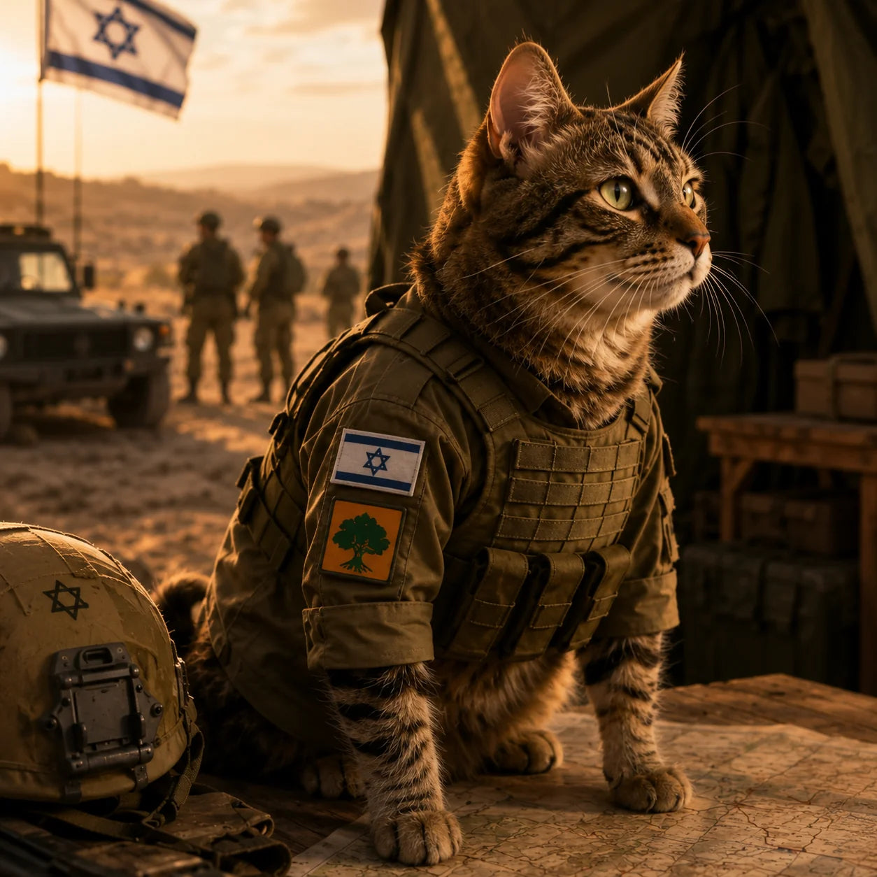 חתול במדי צה״ל ליד מפה